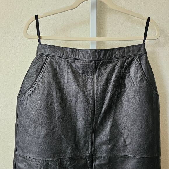 VTG SILVERLEAF Black Leather Pocket Snap Button Zipper Pencil Midi Skirt Sz 12 - Picture 6 of 16